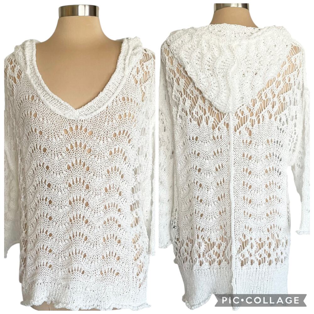 POL White Open Weave Crochet Hooded Sweater Sz LG Beachy Breezy Vacation Cruise